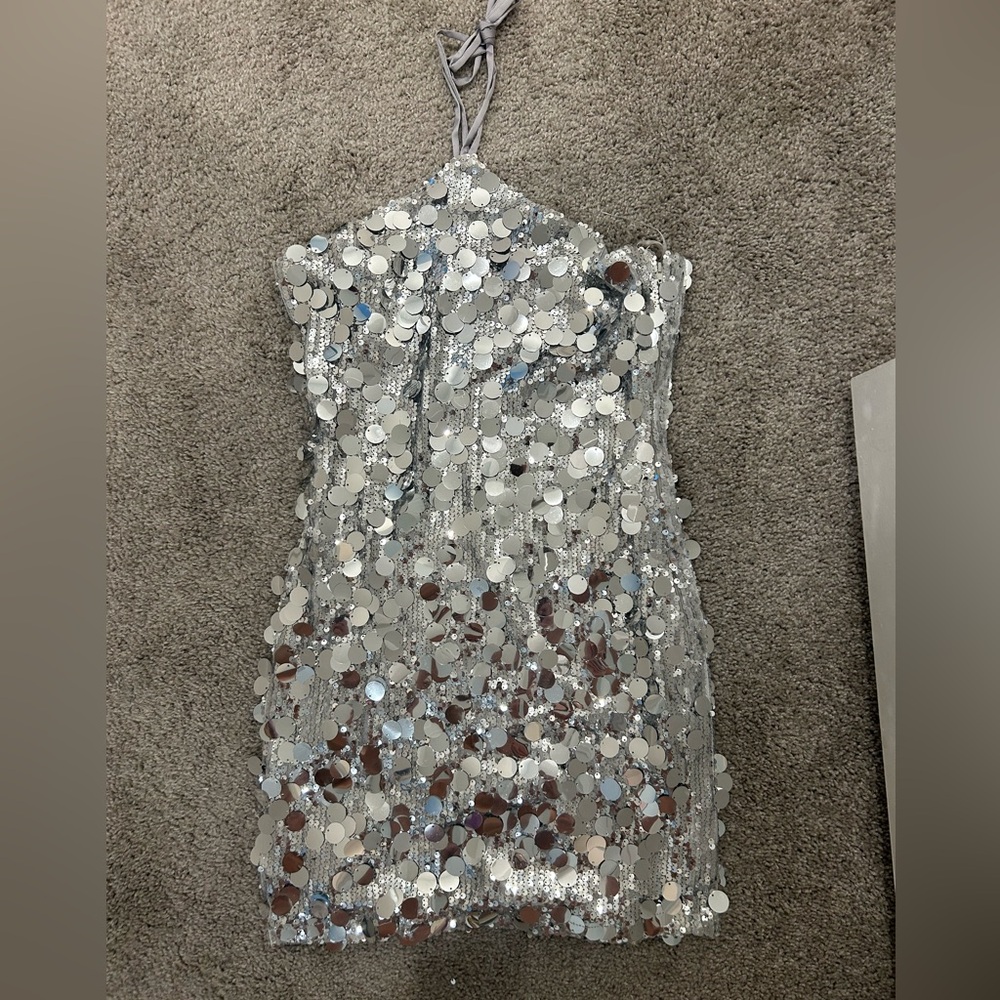 American Threads Elana Sequin Halter Bodycon Mini Dress in Silver
